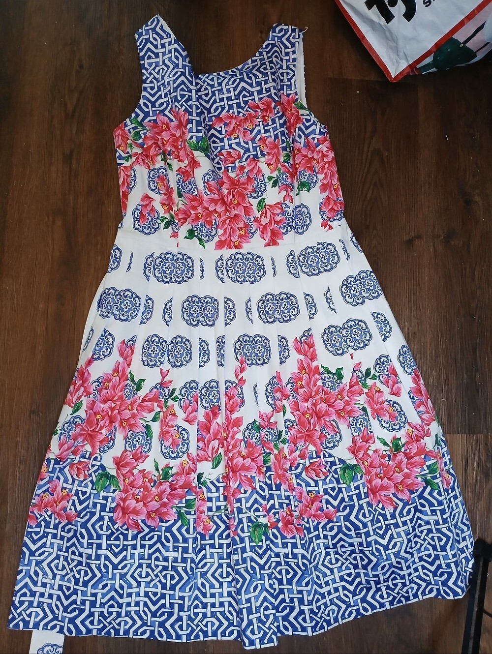 Talbots Floral & Geometric Midi Dress in Blue, White & Pink